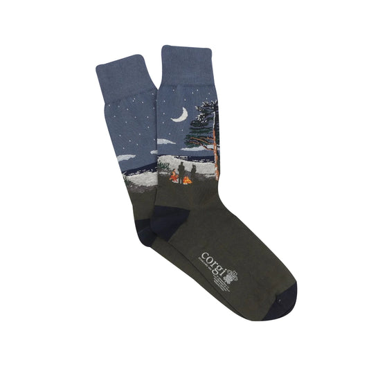 Corgi Campfire Scene Cotton Socks - Blue/Forest