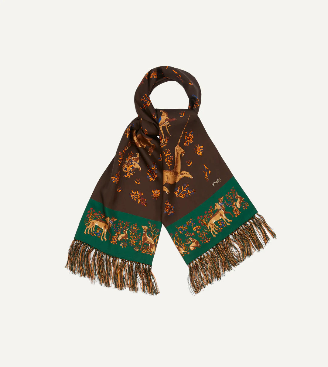 Drake's Unicorn Print Tubular Silk Tasseled Scarf - Brown Drake's Unicorn Print Tubular Silk Tasseled Scarf - Brown