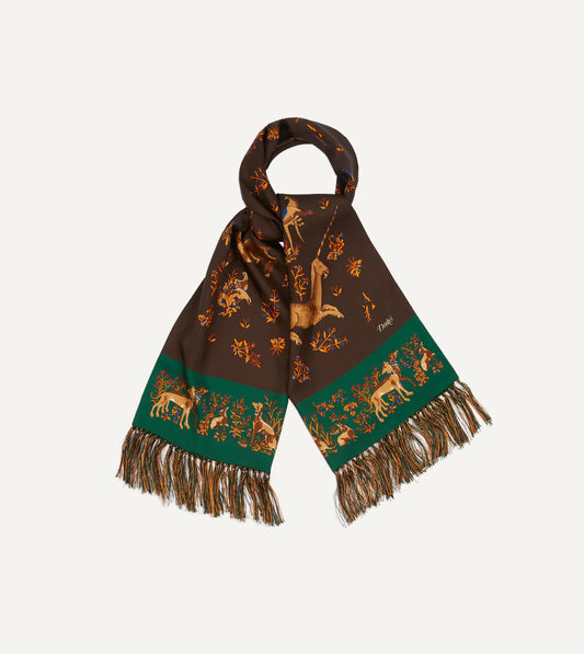 Drake's Unicorn Print Tubular Silk Tasseled Scarf - Brown