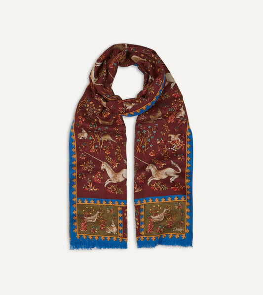 Drake's Unicorn Print Wool/Silk Scarf - Burgundy