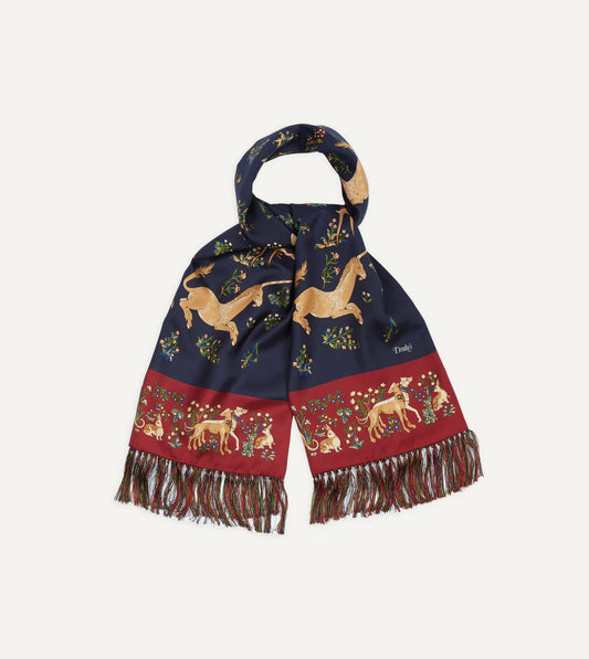 Drake's Unicorn Print Tubular Silk Tasseled Scarf - Navy