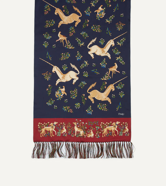 Drake's Unicorn Print Tubular Silk Tasseled Scarf - Navy