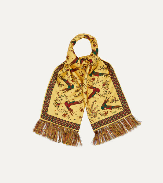 Drake's Birds of Paradise Print Tubular Silk Tasseled Scarf - Gold
