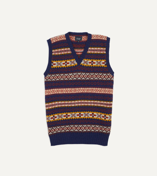 Drake's Fair Isle Lambswool Sleeveless V-Neck Jumper - Navy