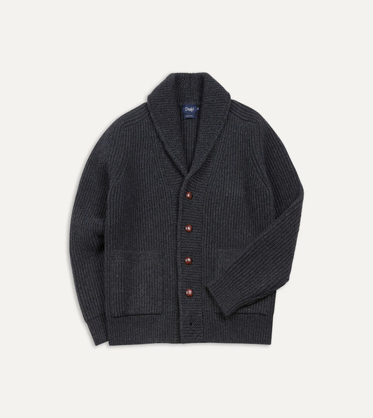 Drake's Lambswool 6-Ply Shawl Collar Cardigan - Charcoal