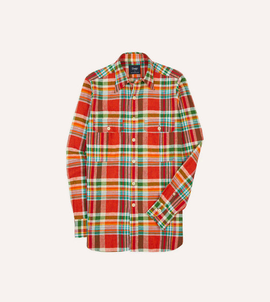 Drake's Madras Check Cotton-Linen Two-Pocket Work Shirt - Red/Green