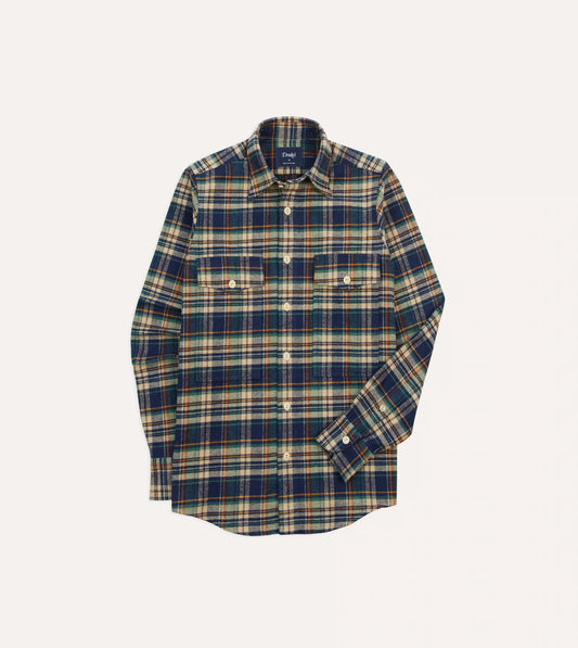 Drake's Check Cotton Two-Pocket Work Shirt - Indigo