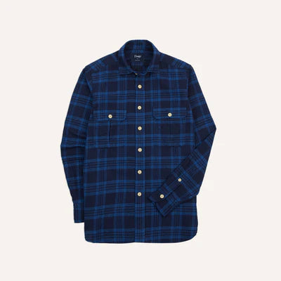 Drake's Check Brushed Cotton Two-Pocket Work Shirt - Navy