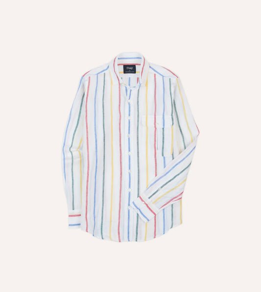 Drake's Primary Stripe Linen Spread Collar Shirt - Multi