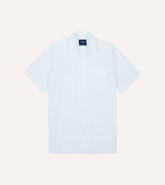 Drake's Cotton-Linen Seersucker Camp Collar Short Sleeve Shirt - White