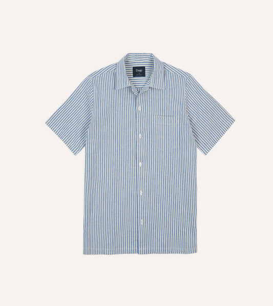 Drake's Stripe Cotton-Linen Camp Collar Short Sleeve Shirt - Blue