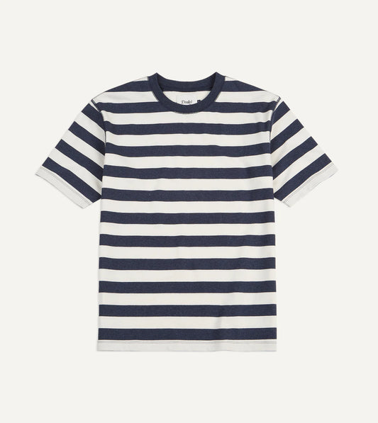 Drake's Block Stripe Cotton Crew Neck Hiking T-Shirt - Navy/White