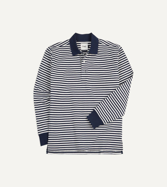 Drake's Stripe Knitted Jersey Cotton Long-Sleeve Polo Shirt - Navy/Ecru