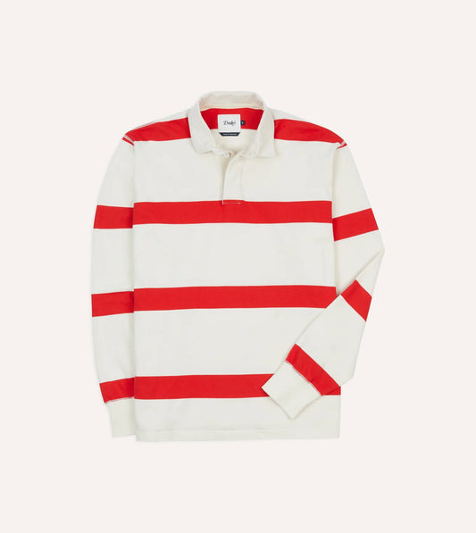 Drake's Stripe Cotton Rugby Shirt - White and Red