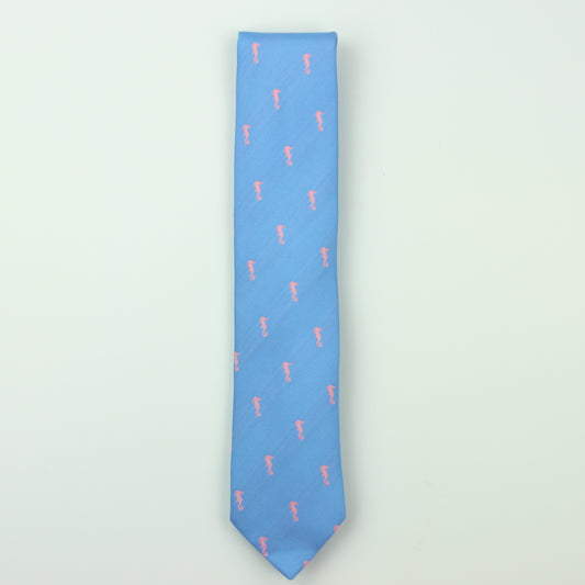 Seaward & Stearn Seahorse Silk Necktie - Sky/Bubblegum