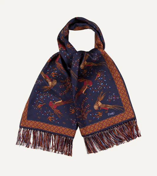 Drake's Birds of Paradise Print Tubular Silk Tasseled Scarf - Navy