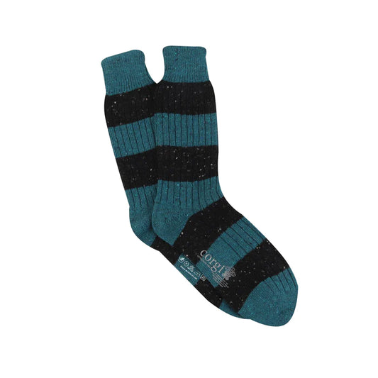 Corgi Rugby Stripe Donegal Wool Socks - Teal/Black