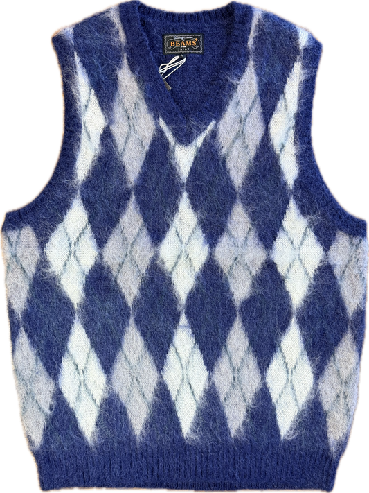 Beams Plus Mohair Argyle Sweater Vest – Blue/White