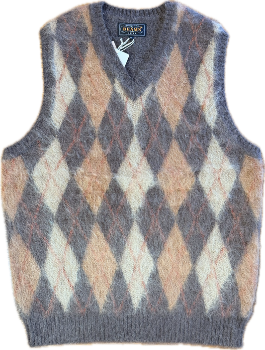 Beams Plus Mohair Argyle Sweater Vest – Grey/Brown