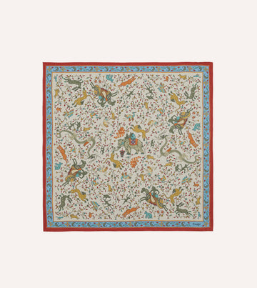 Drake's Animals and Flowers Print Silk Bandana - Ecru