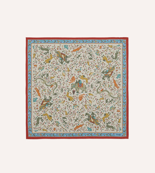 Drake's Animals and Flowers Print Silk Bandana - Ecru