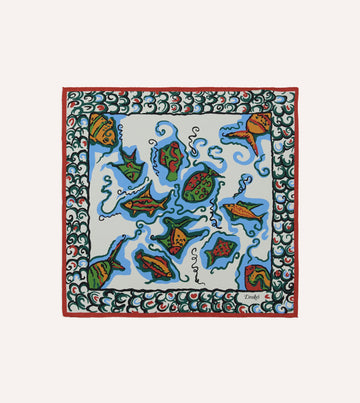 Drake's Fish Print Silk Pocket Square - Ecru