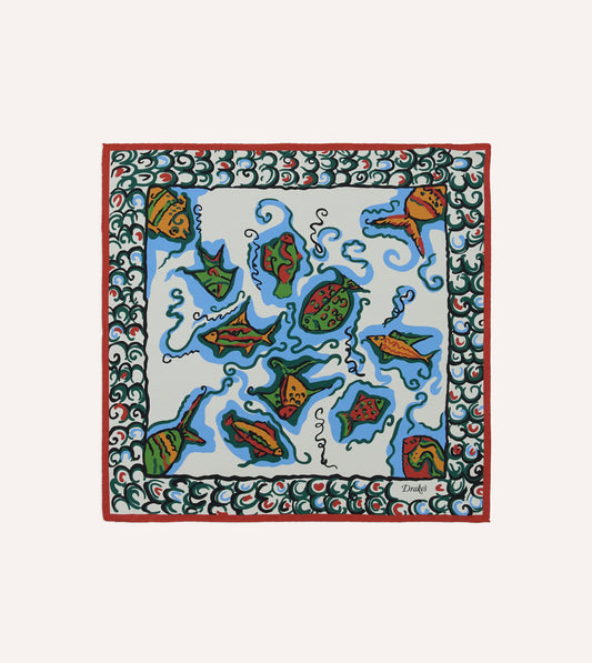 Drake's Fish Print Silk Pocket Square - Ecru