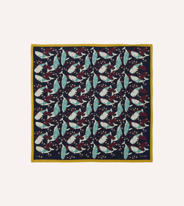 Drake's Whale Print Silk Pocket Square - Navy