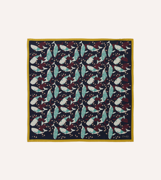 Drake's Whale Print Silk Pocket Square - Navy
