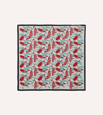 Drake's Whale Print Silk Pocket Square - Ecru