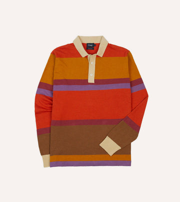 Drake's Linen Cotton Knitted Rugby Shirt - Orange/Brown/Purple