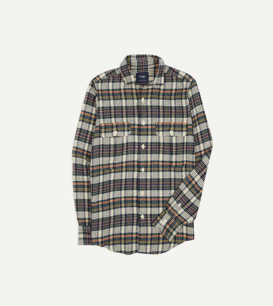 Drake's Madras Check Cotton Two-Pocket Work Shirt - Navy
