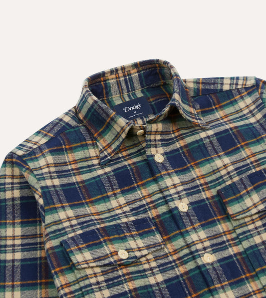 Drake's Check Cotton Two-Pocket Work Shirt - Indigo