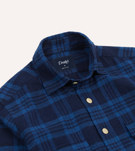 Drake's Check Brushed Cotton Two-Pocket Work Shirt - Navy