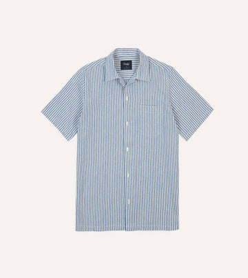Drake's Stripe Cotton-Linen Camp Collar Short Sleeve Shirt - Blue