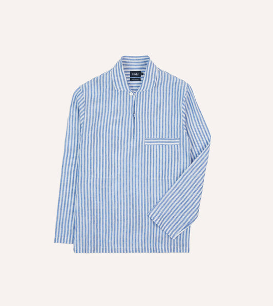 Drake's Stripe Linen Smock Shirt - Blue