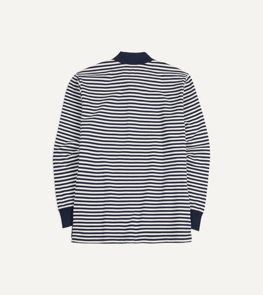 Drake's Stripe Knitted Jersey Cotton Long-Sleeve Polo Shirt - Navy/Ecru
