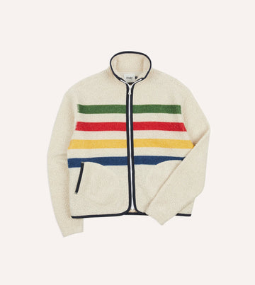 Drake's Stripe Boucle Wool Zip Fleece Jacket - Ecru