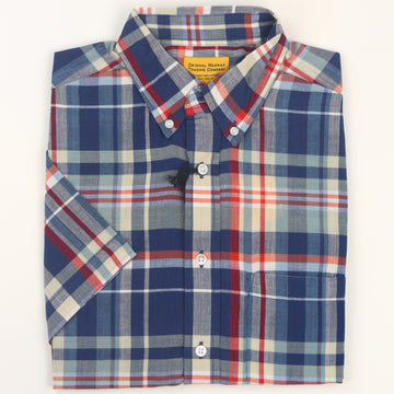 Original Madras Trading Company Short Sleeve Madras Button Down Shirt - Blue/Red