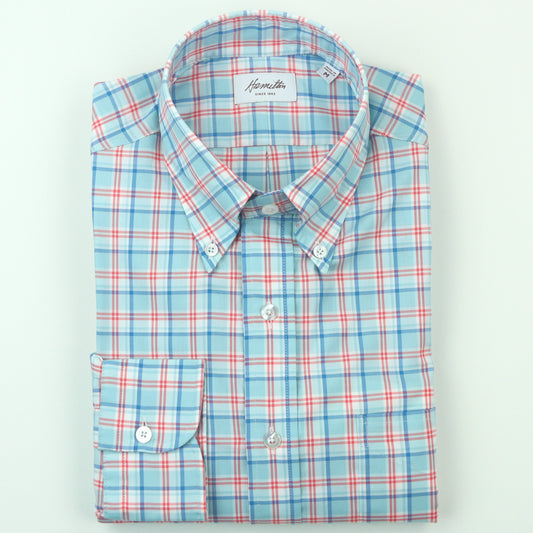 Hamilton Oxford Cloth Plaid Sport Shirt - Turquoise/Sky/Red