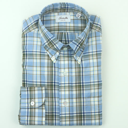 Hamilton Oxford Cloth Plaid Sport Shirt - Sky/Olive/Navy