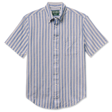 Gitman Vintage Short Sleeve Cotton/Ramie Cabana Stripe- Blue