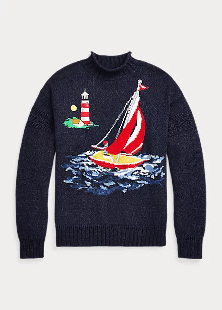 Ralph Lauren Sailboat-Intarsia Cotton Sweater - Navy Combo